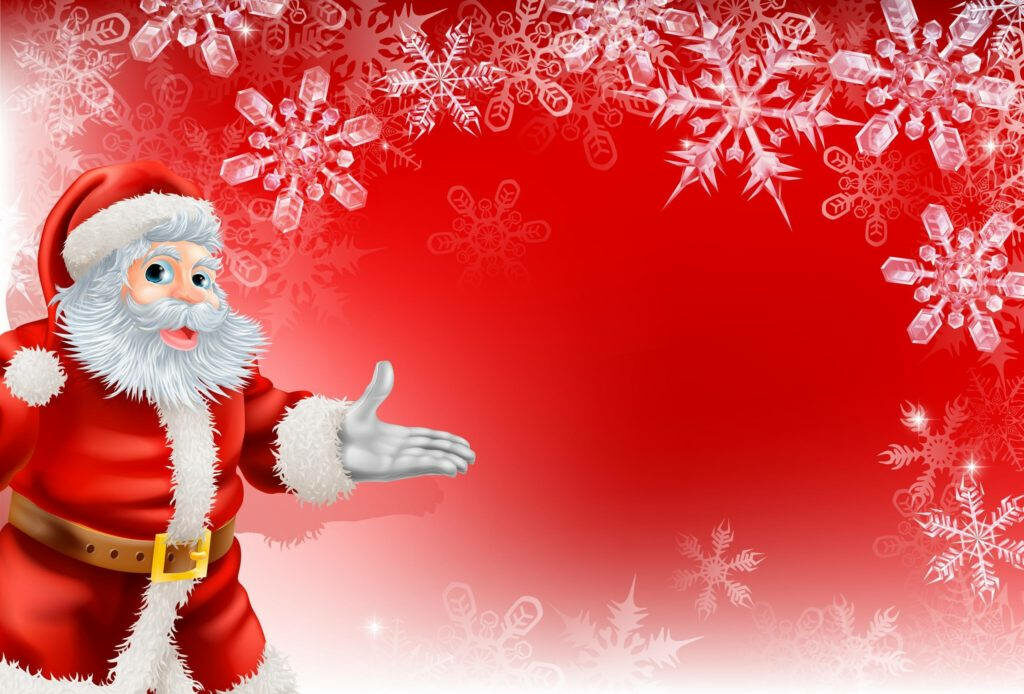 Festive Santa Claus Charm and Whimsical Snowflakes Create a Cute Merry Christmas Atmosphere Wallpaper