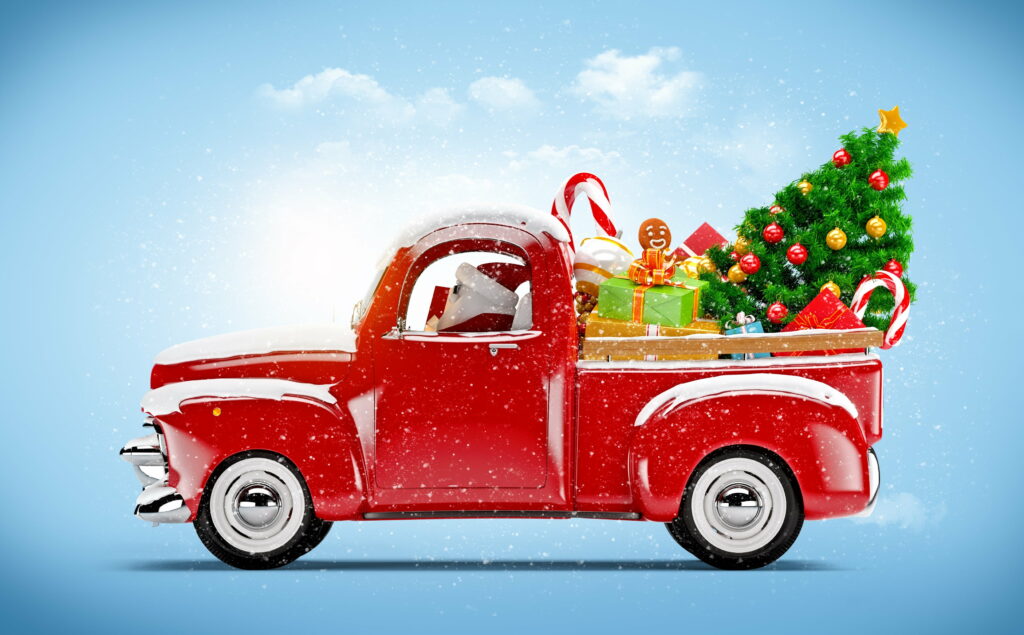Santa's Fantasy Ride: A Merry Christmas Gift Tree in a Vibrant Red and Green, with Blue Car - HD Vector Wallpaper