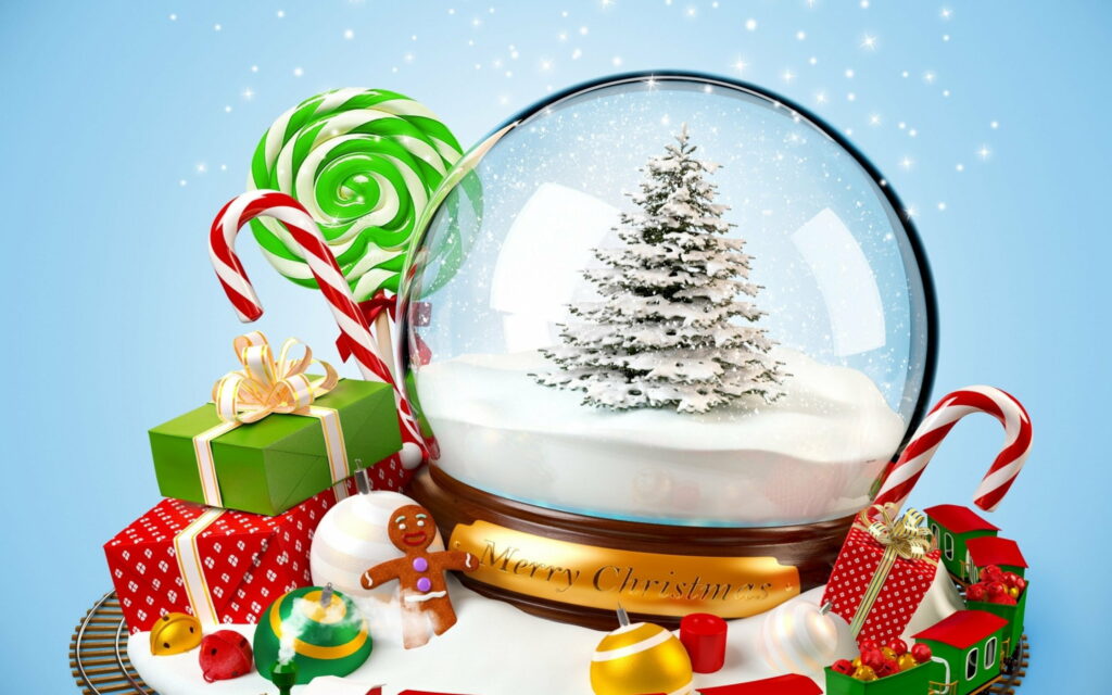 Festive Delights: Exploring the Christmas Spirit in a Whimsical Snow-dusted Wonderland with Sweet Candies and Vibrant Glass Ornaments Wallpaper