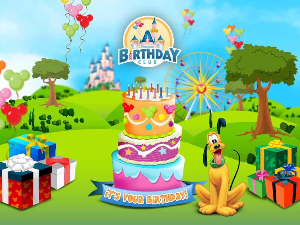 Festive Disney Birthday Wallpaper with Cake, Balloons & Castle