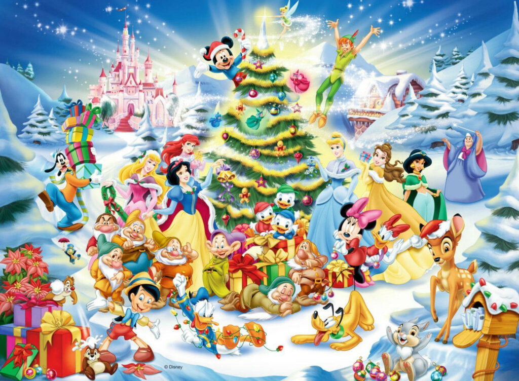 Magical Disney Christmas Wallpaper with Iconic Characters & Tree