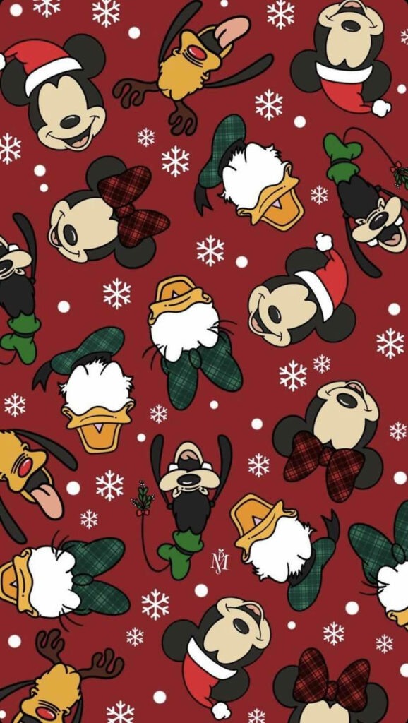 Cheerful Christmas Wallpaper: Disney Characters in Festive Attire