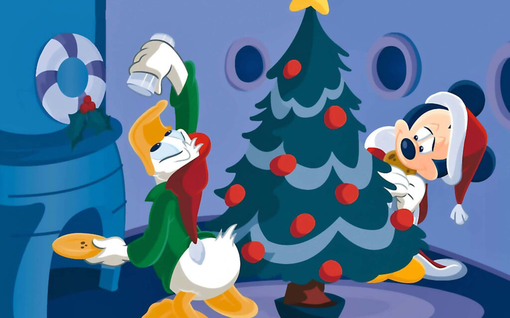 Festive Disney Wallpaper: Mickey & Donald Decorating Christmas Tree
