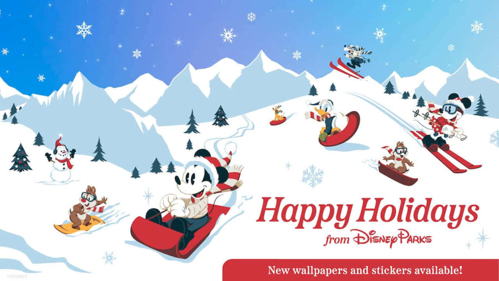 Disney Characters Celebrating Winter Sports in a Festive Wonderland Wallpaper