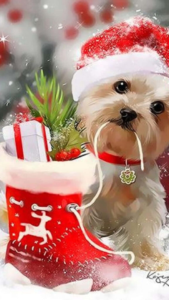Festive Dog in Santa Hat with Gift-Filled Stocking - Holiday Wallpaper
