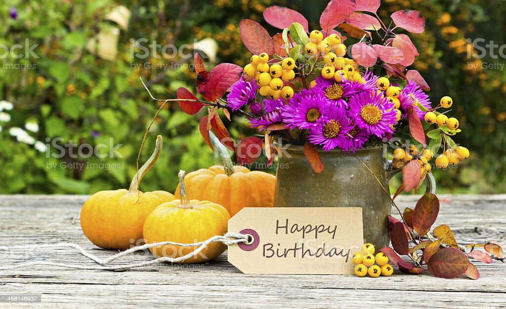 Festive Fall Birthday Wallpaper: Autumn Flowers & Pumpkins Decor
