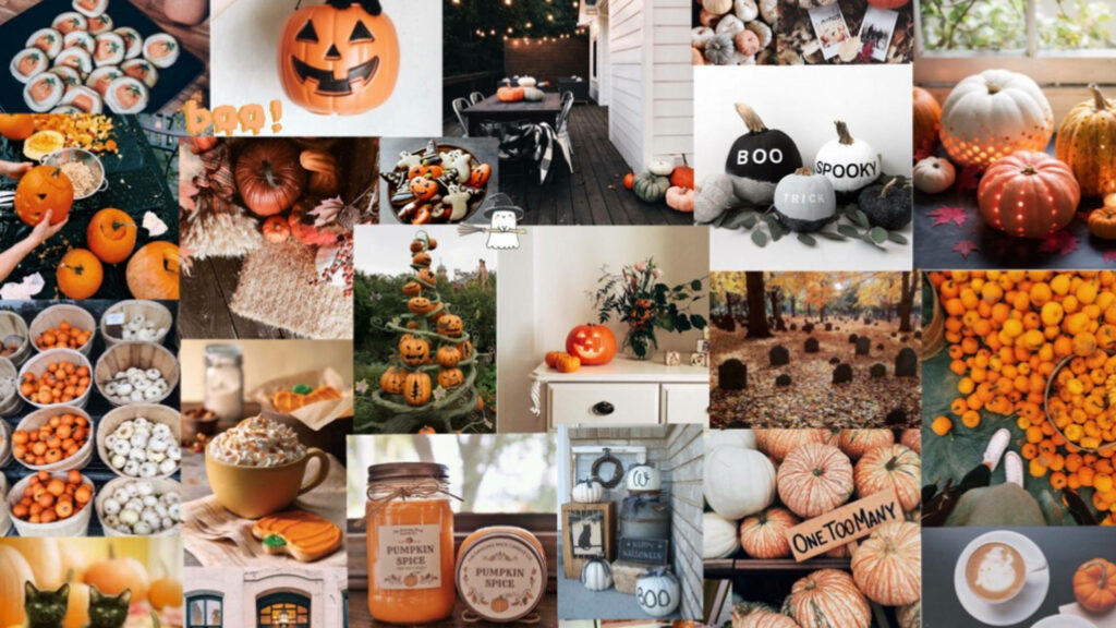 Autumnal Bliss: A Whimsical Halloween Collage of Pumpkin Spice, Jack-o'-lanterns, and More Wallpaper