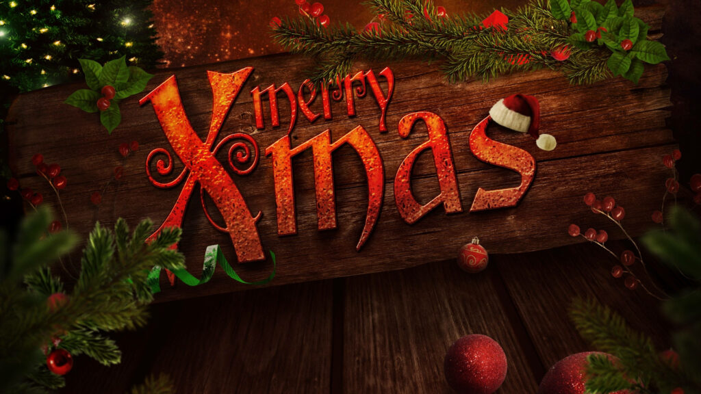 4K Ultra HD Festive Yuletide Delight: A stunning 4K ultra HD Christmas greeting adorned with merry holiday ornaments, set against a rustic wooden backdrop Wallpaper