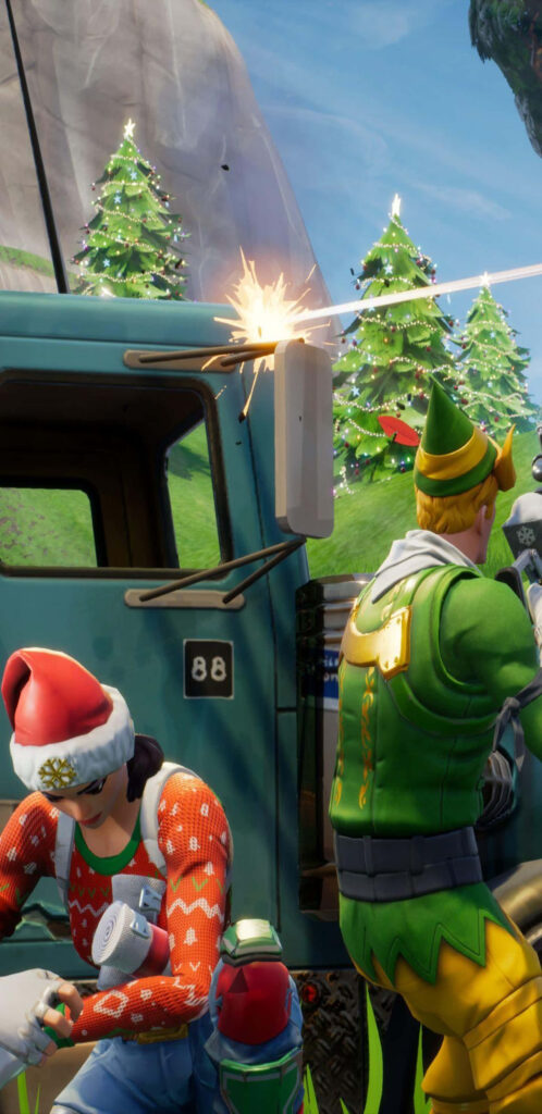 Festive Fortnite Battle Royale: Holiday Characters & Twinkling Trees Wallpaper