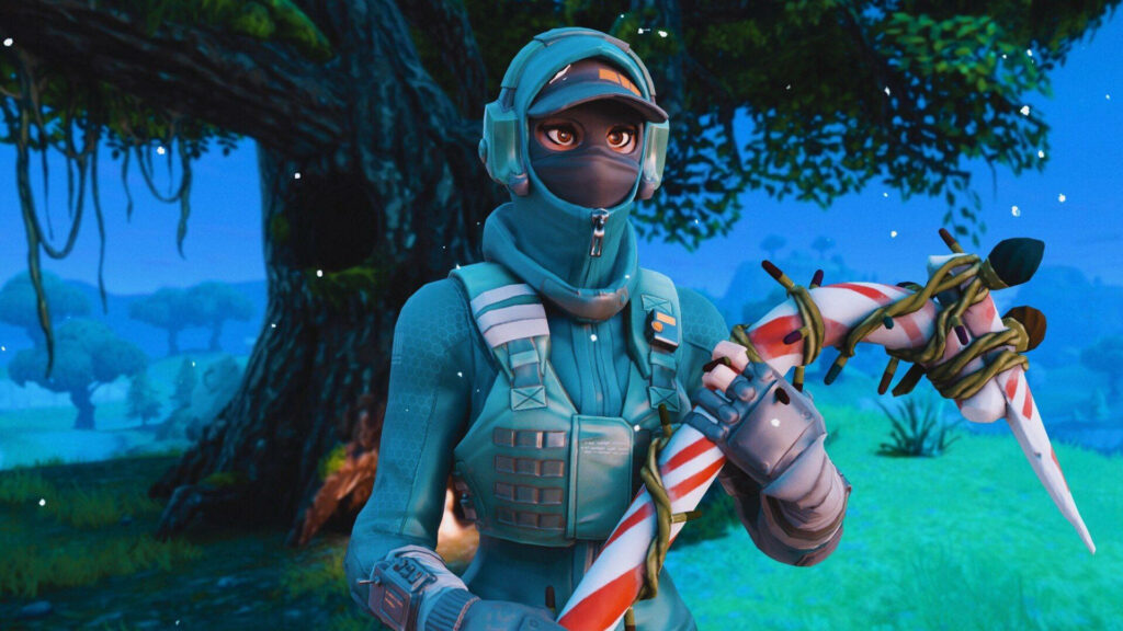 Festive Fortnite Delight: Banshee in Rare Instinct Outfit Wields Candy Cane Wallpaper
