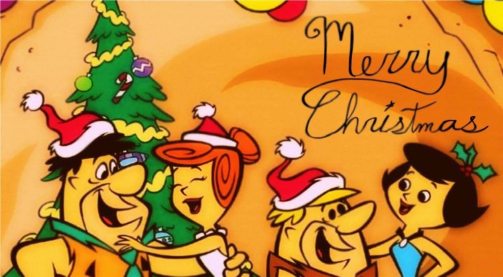 Fred Flintstone Christmas wallpaper with Fred Wilma Barney Betty in Santa hats by tree