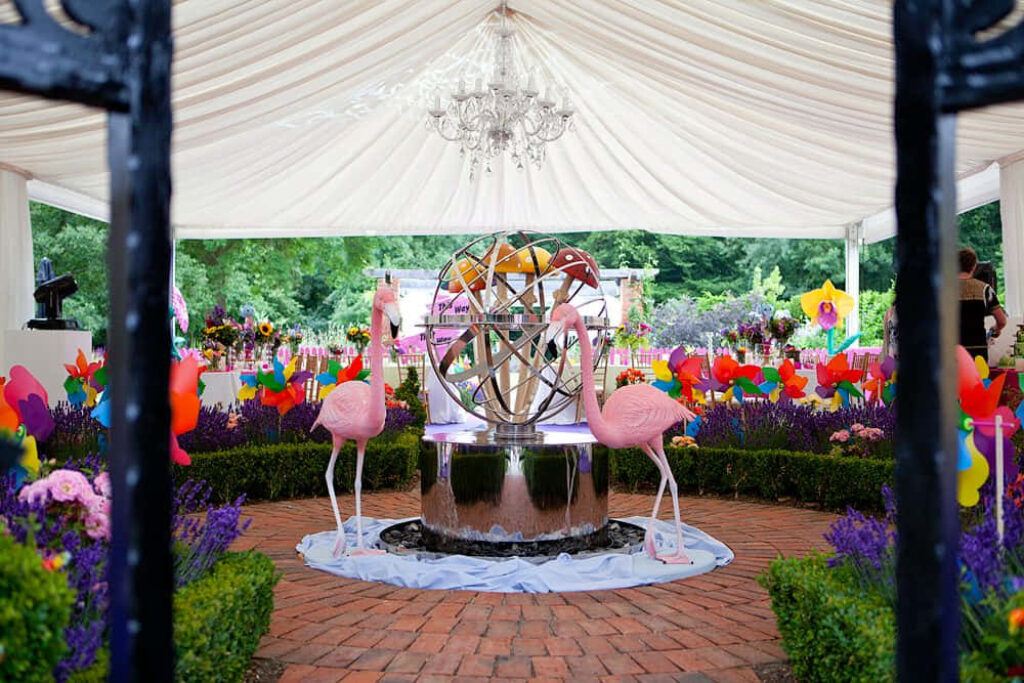Vibrant Garden Event Wallpaper: Colorful Decor & Chandelier