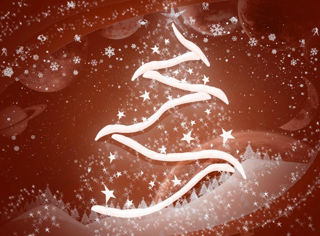 Festive Cosmic Wallpaper: Glowing Tree & Snowy Landscape Scene