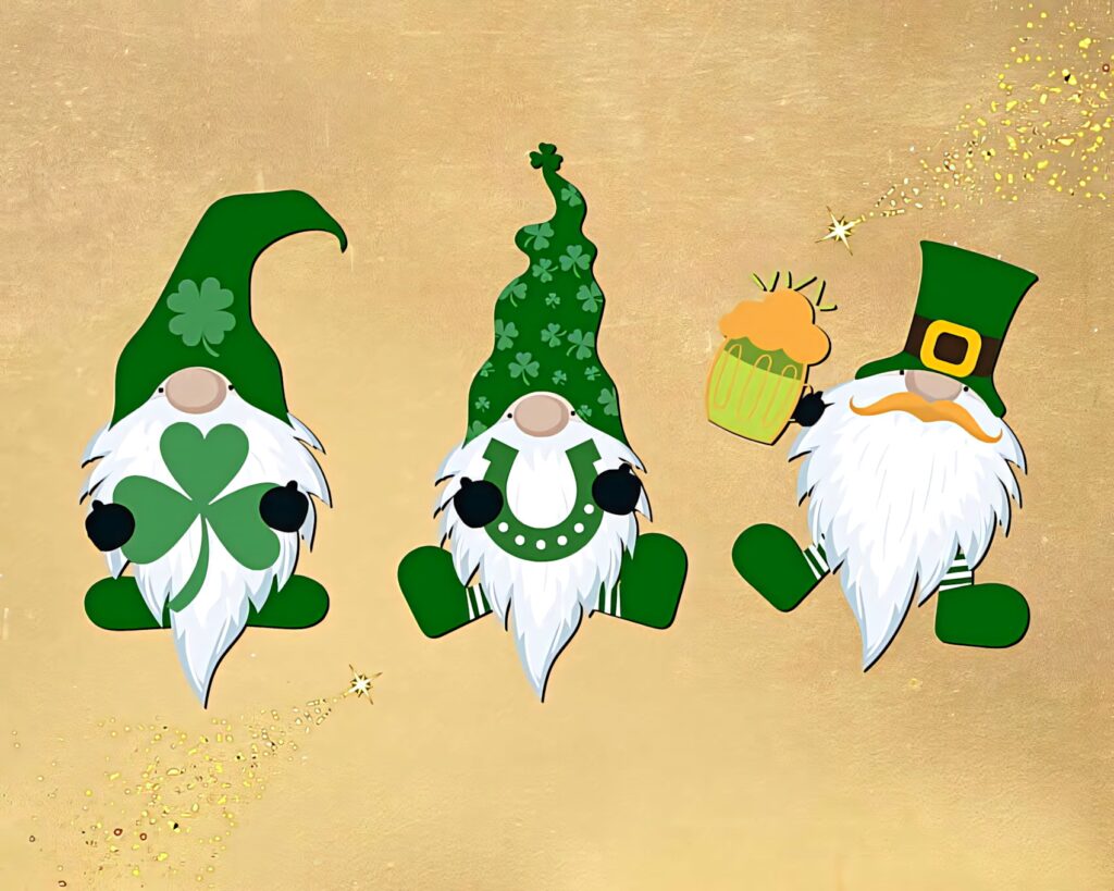 Charming Gnome Wallpaper with Shamrocks & Sparkling Background