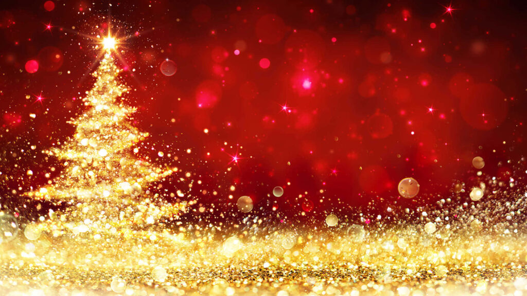 Shimmering Gold Christmas Tree Wallpaper on Vibrant Red Background