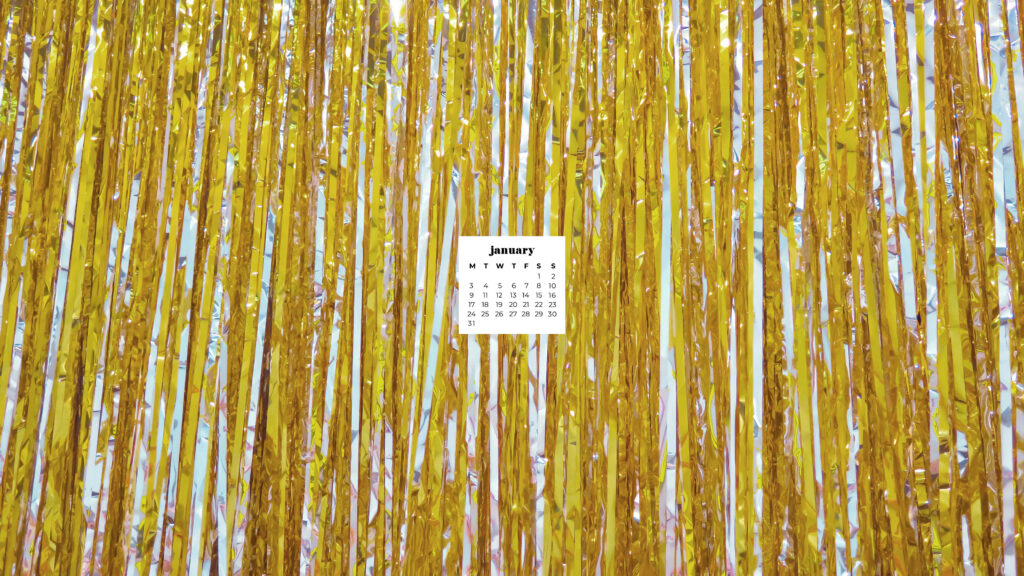 January 2022 calendar on vibrant gold tinsel strands festive minimal wallpaper background