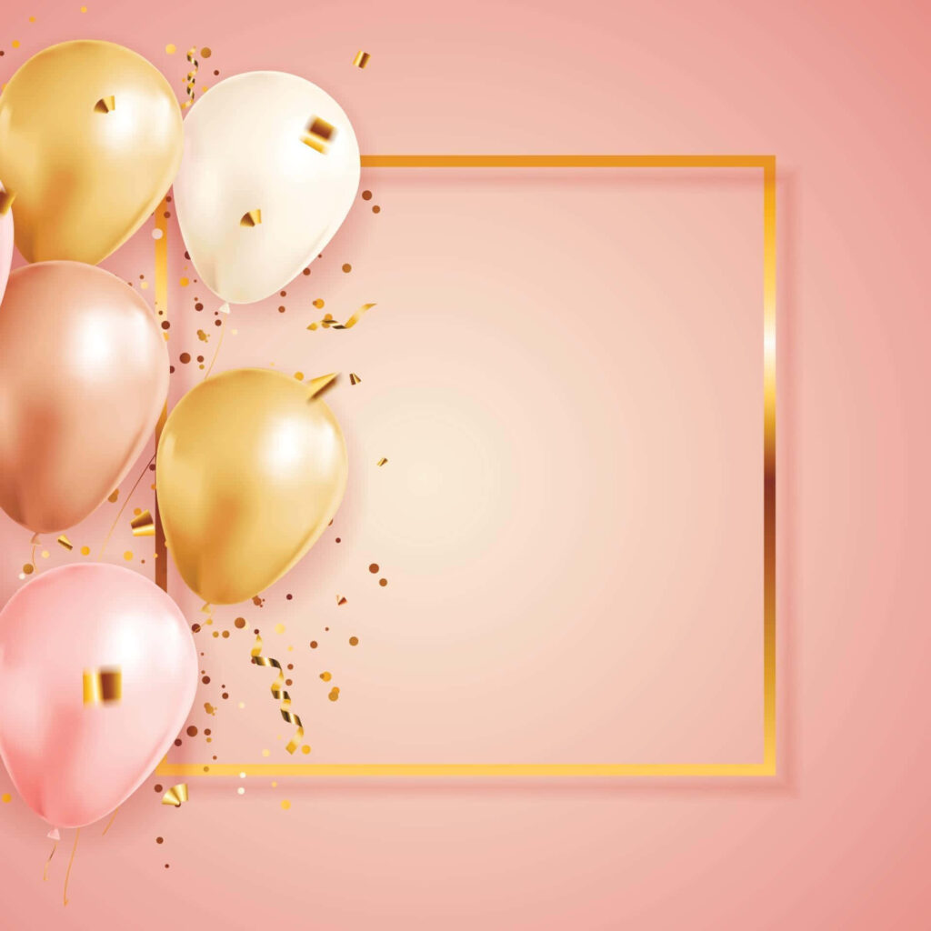 Festive gold white pink balloons frame golden photo frame on soft pink background wallpaper