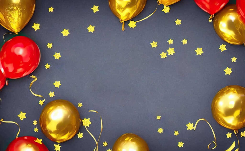 Festive wallpaper with gold and red balloons gold stars and ribbons on dark celebratory background