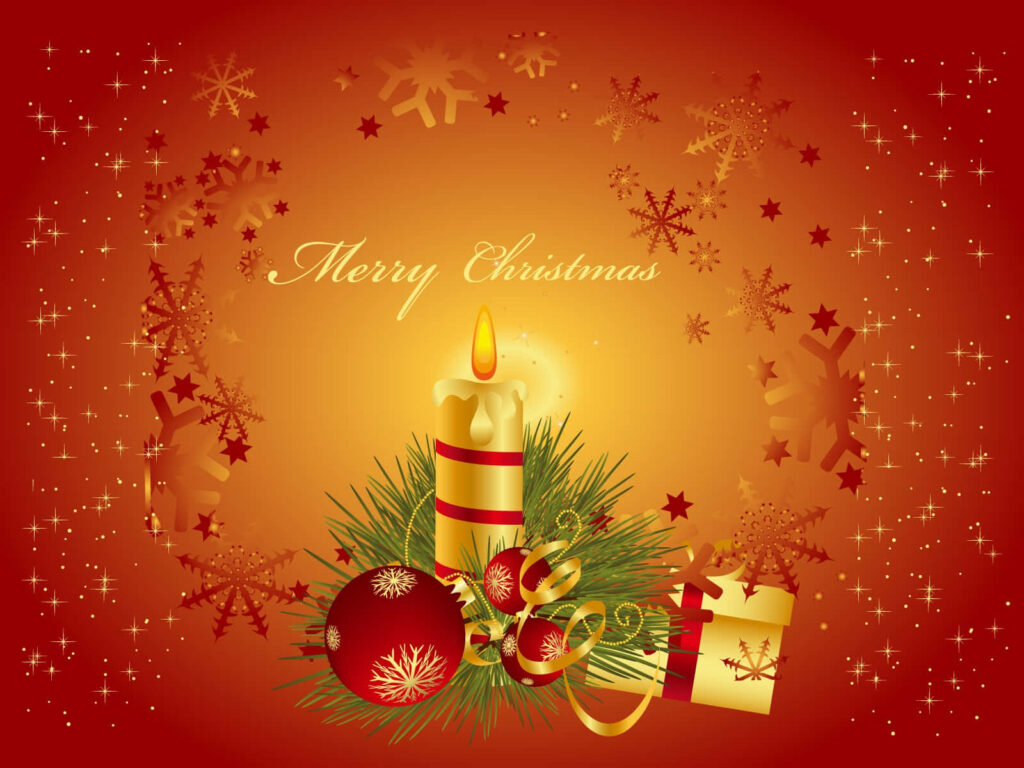 Golden Christmas Wallpaper with Candle, Gifts & Twinkling Stars