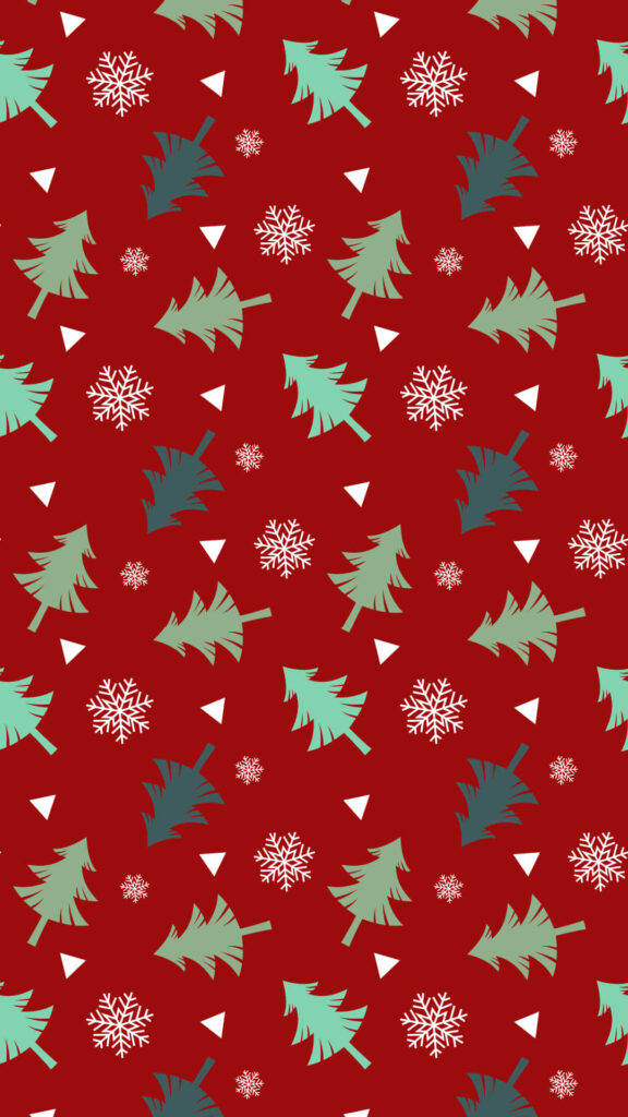 Festive Red Background with Green Christmas Trees & Snowflakes Wallpaper