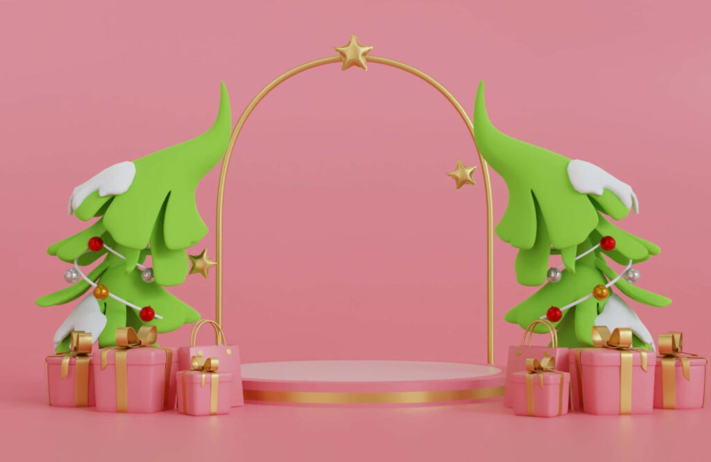 Whimsical Pink Christmas Wallpaper with Green Trees & Gold Accents