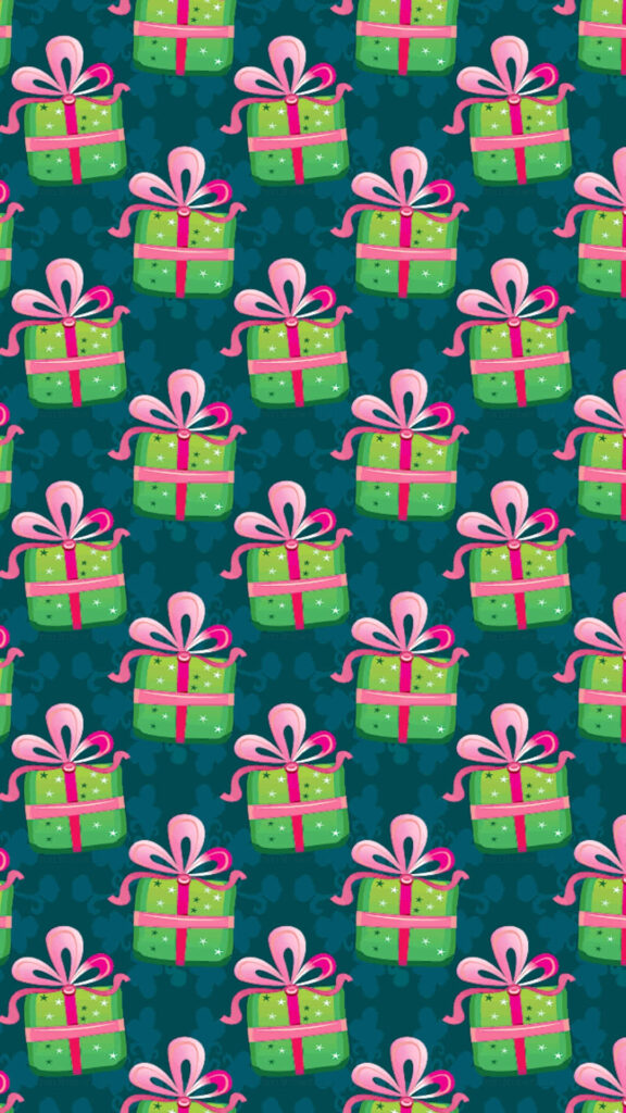 Cheerful Holiday Wallpaper: Green Gift Boxes with Pink Ribbons