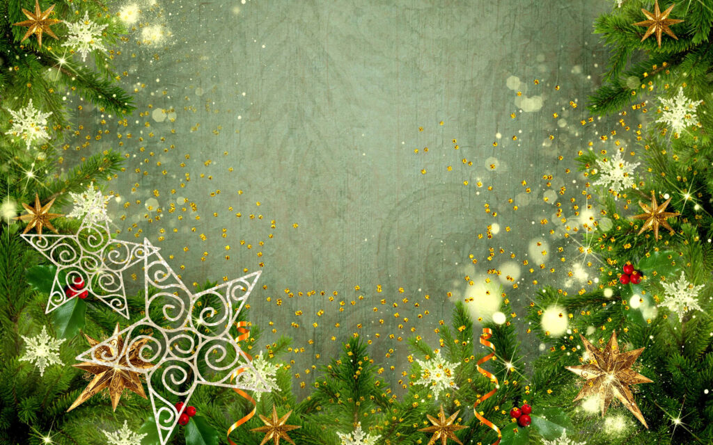 Festive Green Wallpaper: Stars, Snowflakes & Pine Branches