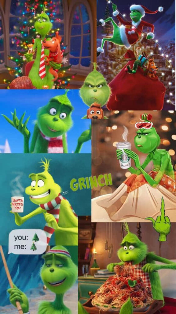 Playful Grinch Christmas Collage iPhone Wallpaper Background