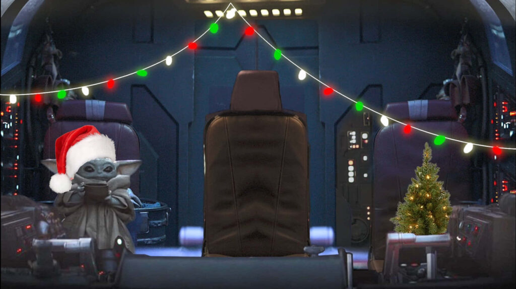 Festive Grogu in Spaceship Cockpit: Joyful Christmas Wallpaper
