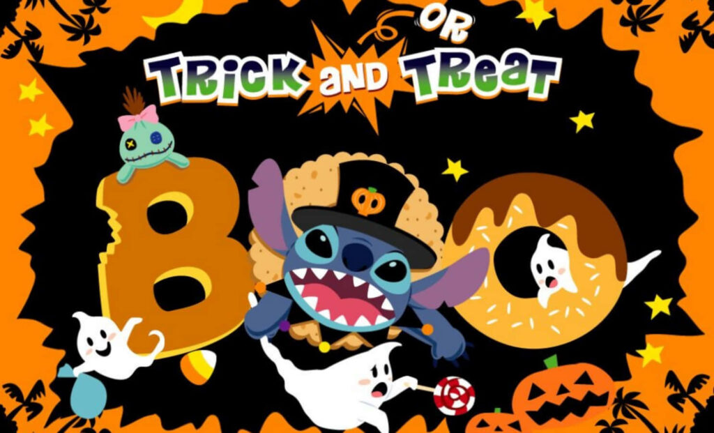 Whimsical Halloween Wallpaper: Stitch, Ghosts, and Pumpkins Fun