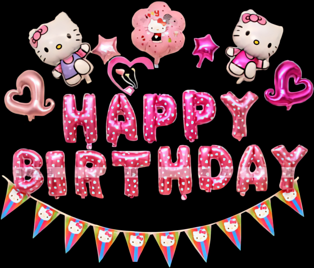 Cheerful Happy Birthday Wallpaper with Pink Balloons & Hello Kitty