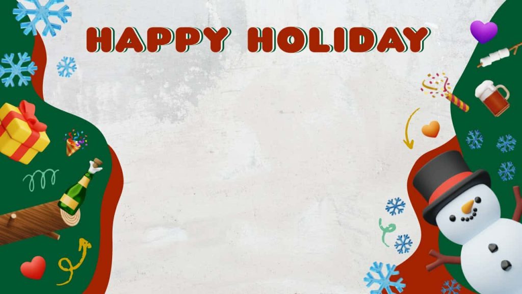 Festive Happy Holiday wallpaper with snowman, wrapped gift, snowflakes, red and green accents