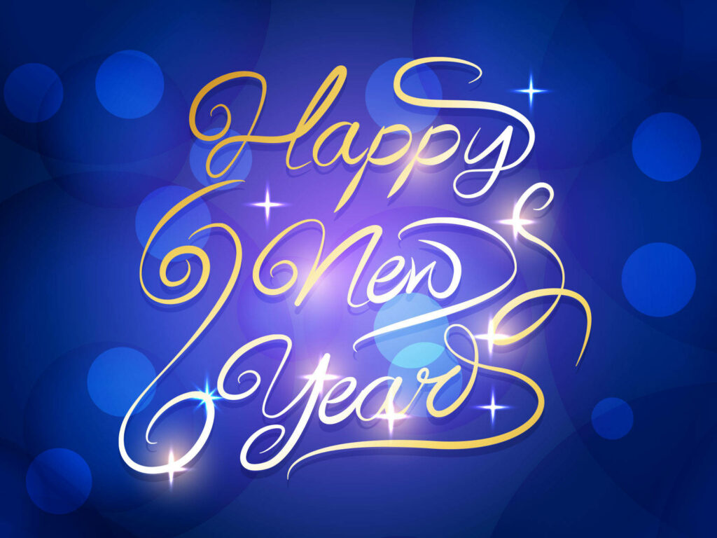 Festive Happy New Year gold and white script on glowing purple blue background wallpaper