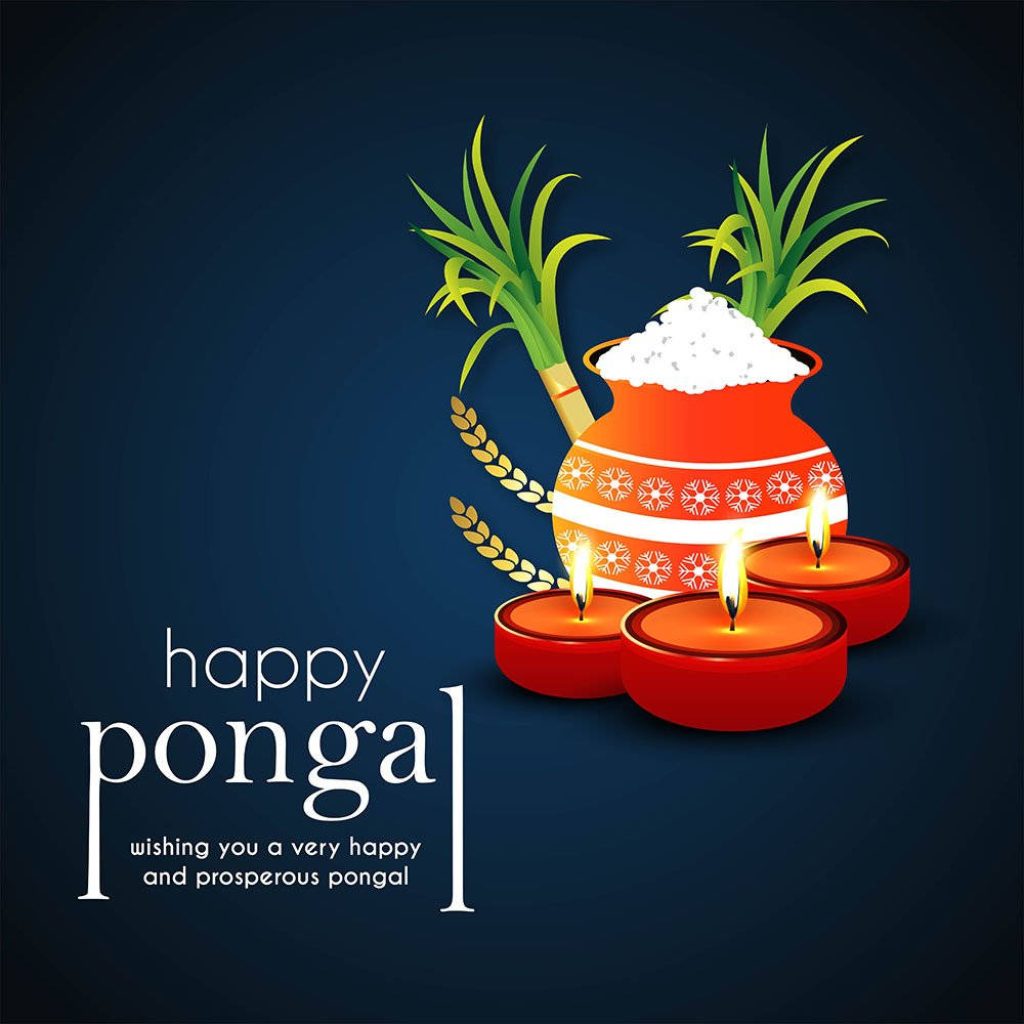 Happy Pongal wallpaper with clay pot, rice, sugarcane, and glowing diya lamps on blue background