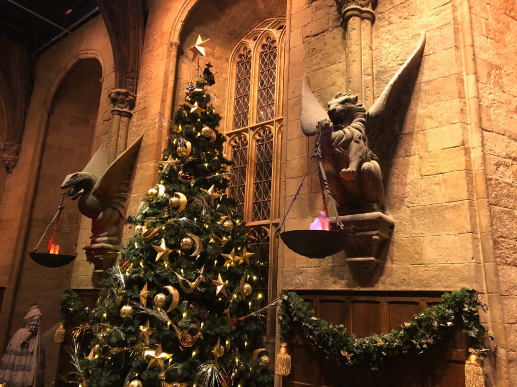 Magical Harry Potter Christmas Tree Wallpaper with Gargoyles