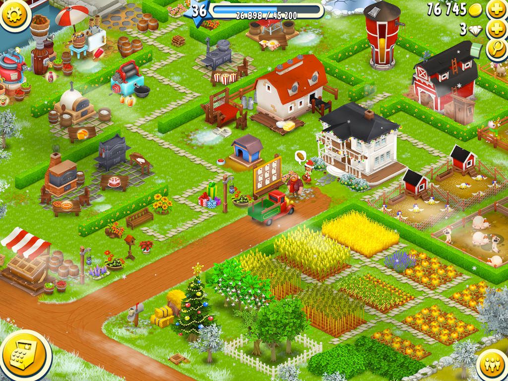 Isometric Hay Day Level 36 winter farm with Christmas tree barn crops and production buildings Wallpaper