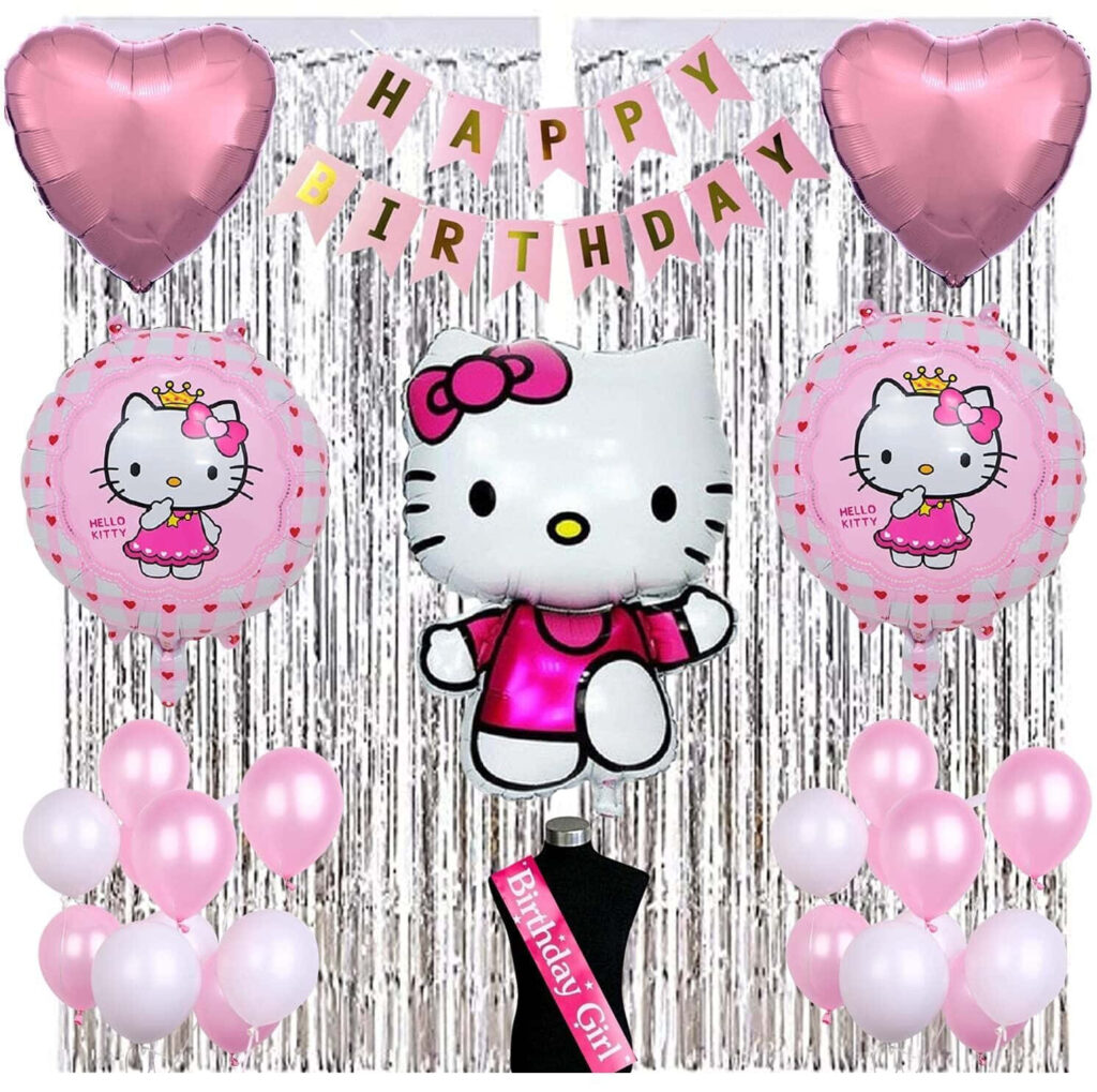 Festive Hello Kitty Birthday Wallpaper with Balloons & Heart Accents