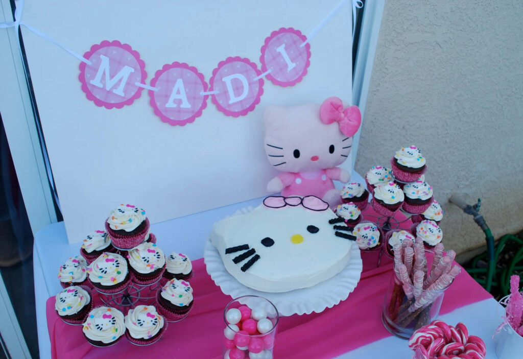 Festive Hello Kitty Birthday Wallpaper with Cake & Cupcakes