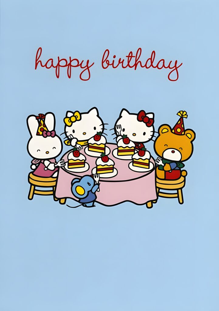 Festive Hello Kitty Birthday Wallpaper with Friends and Cake