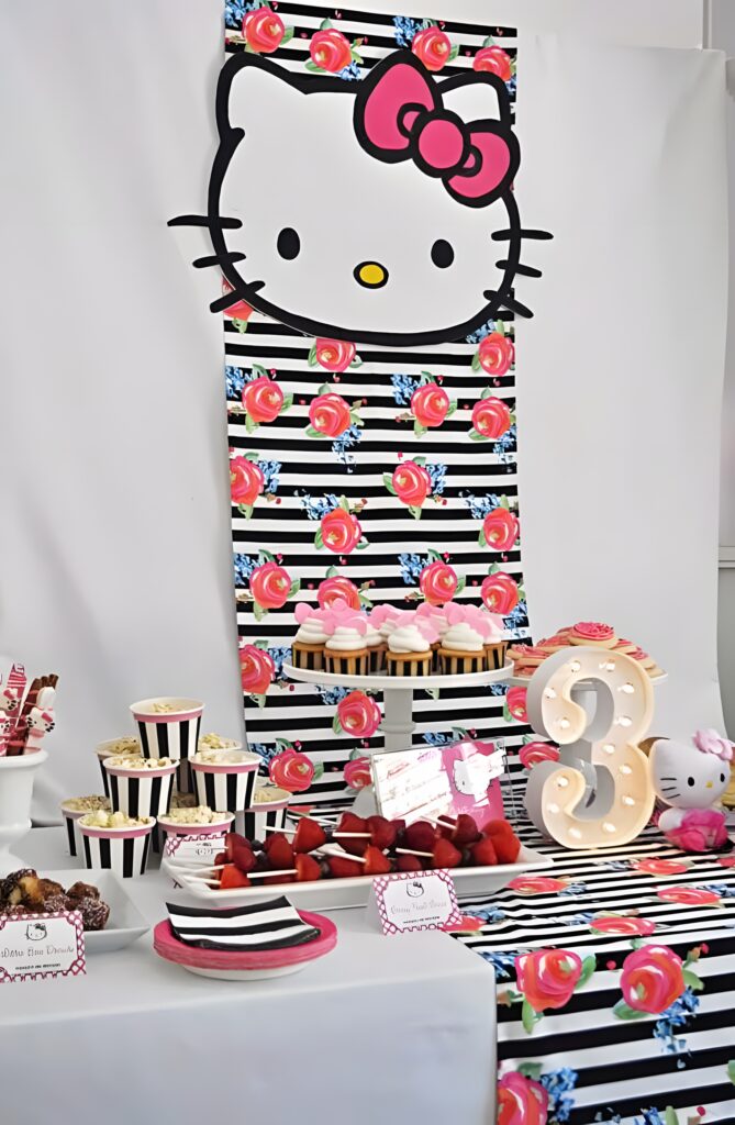 Festive Hello Kitty Birthday Wallpaper: Stripes, Roses & Sweets