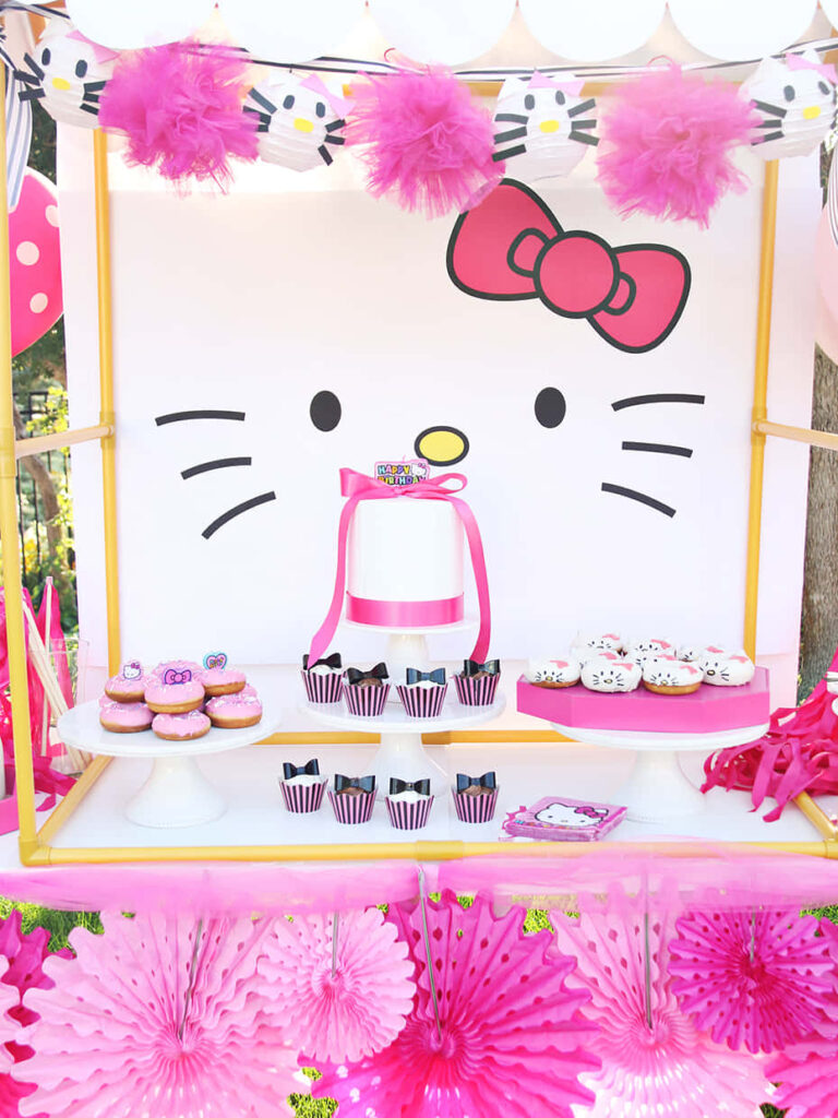 Festive Hello Kitty Party Wallpaper with Cupcakes and Colorful Decor