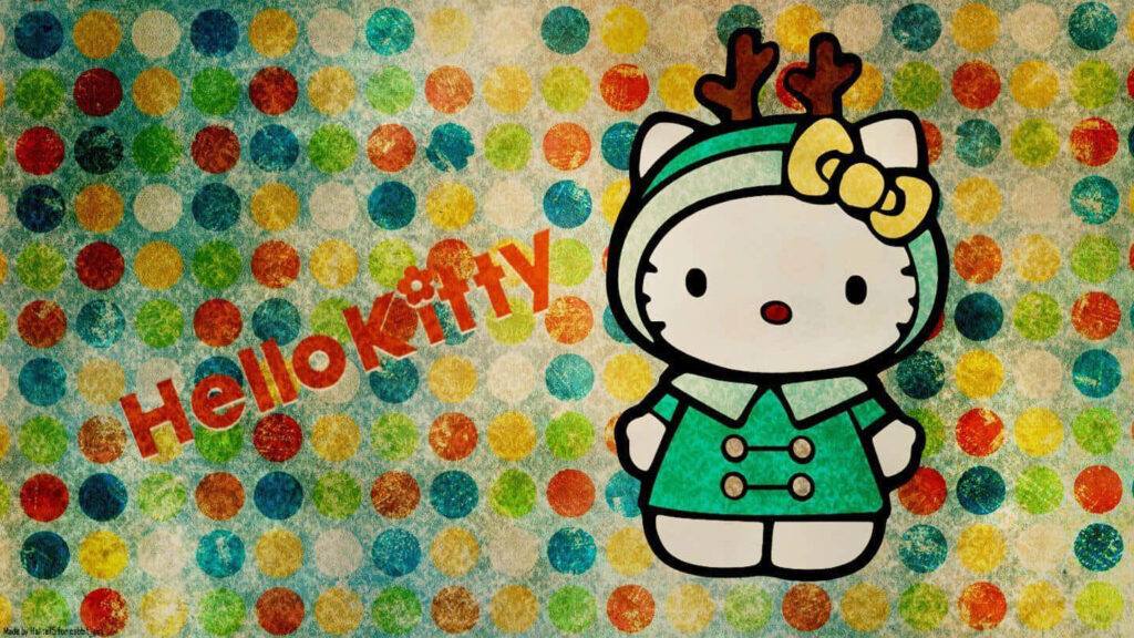 Festive Hello Kitty Wallpaper with Reindeer Antlers & Polka Dots