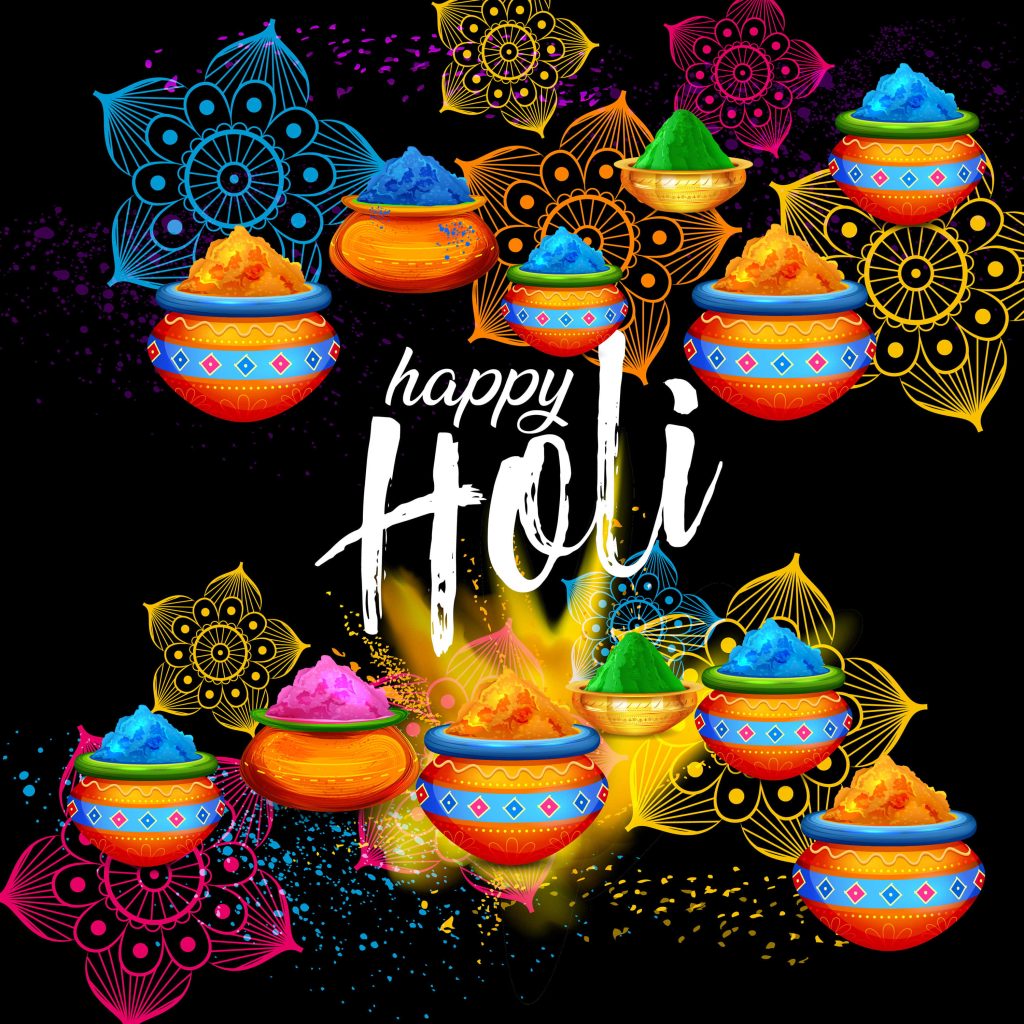 Festive Holi digital illustration with colorful Gulal pots mandala patterns and Happy Holi calligraphy Wallpaper