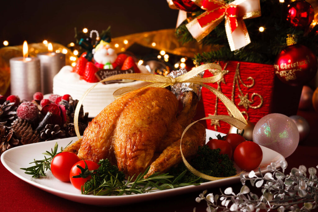 Festive Holiday Dinner: Roasted Chicken with Herbs & Christmas Decor Wallpaper
