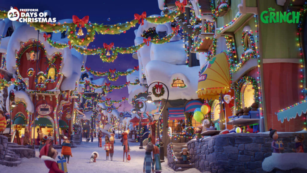 Festive Holiday Village Scene: Magical Winter Zoom Background Wallpaper