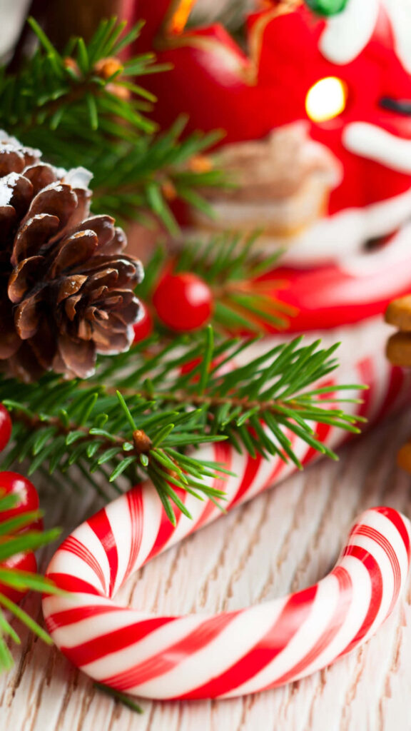 Festive Holiday Wallpaper: Candy Cane & Pine for Christmas Spirit
