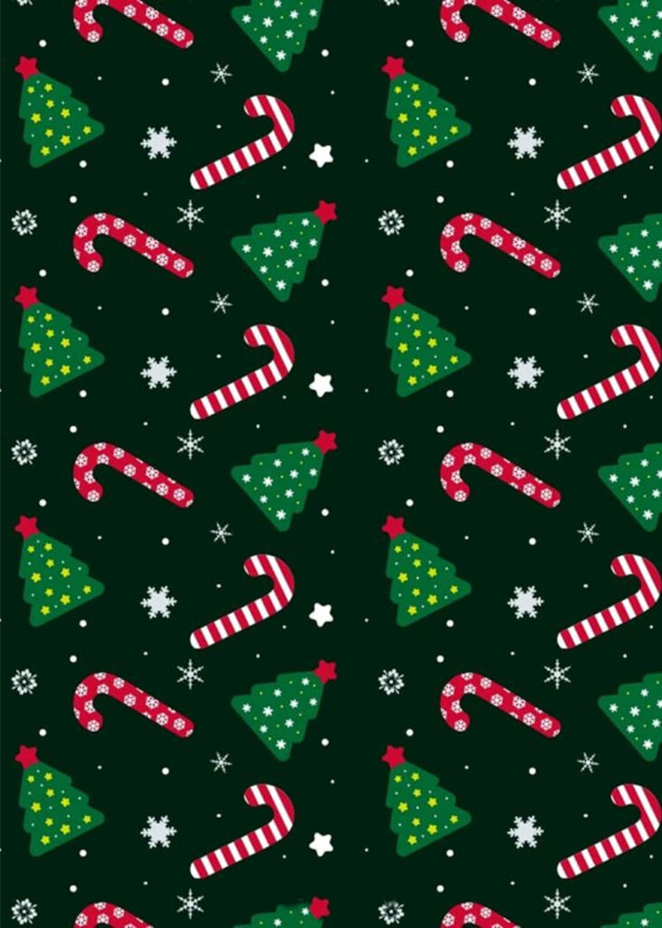 Festive Dark Green Holiday Wallpaper with Trees, Candy Canes & Stars