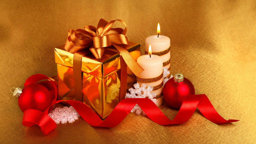 Festive Holiday Wallpaper: Golden Gift Box & Shimmering Decorations