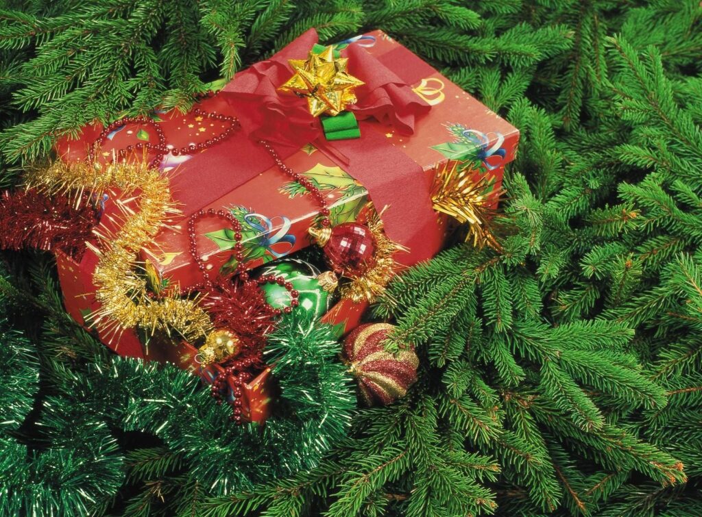 Festive Holiday Wallpaper: Red Gift, Pine Needles & Christmas Cheer