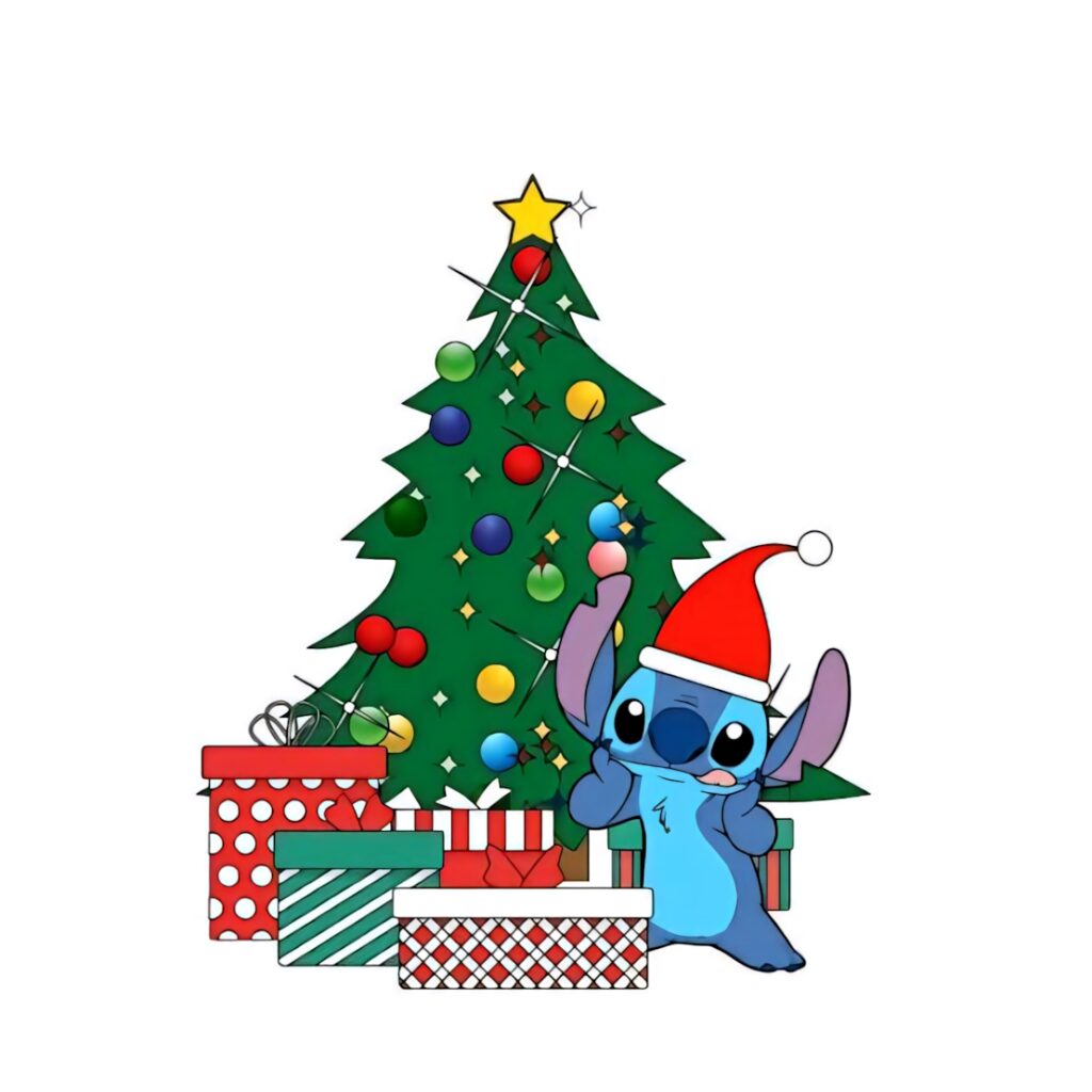 Playful Holiday Wallpaper: Santa Hat Character & Decorated Tree